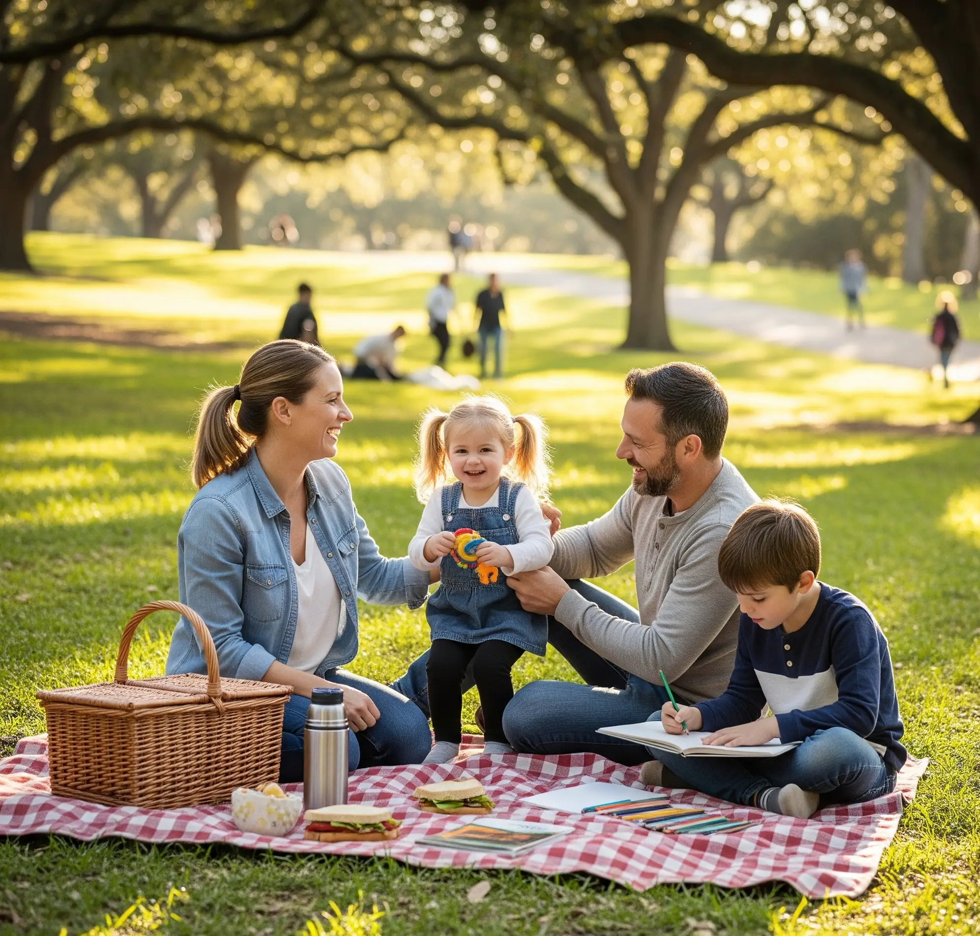 A Family Enjoying A Picnic In A Beautiful Park