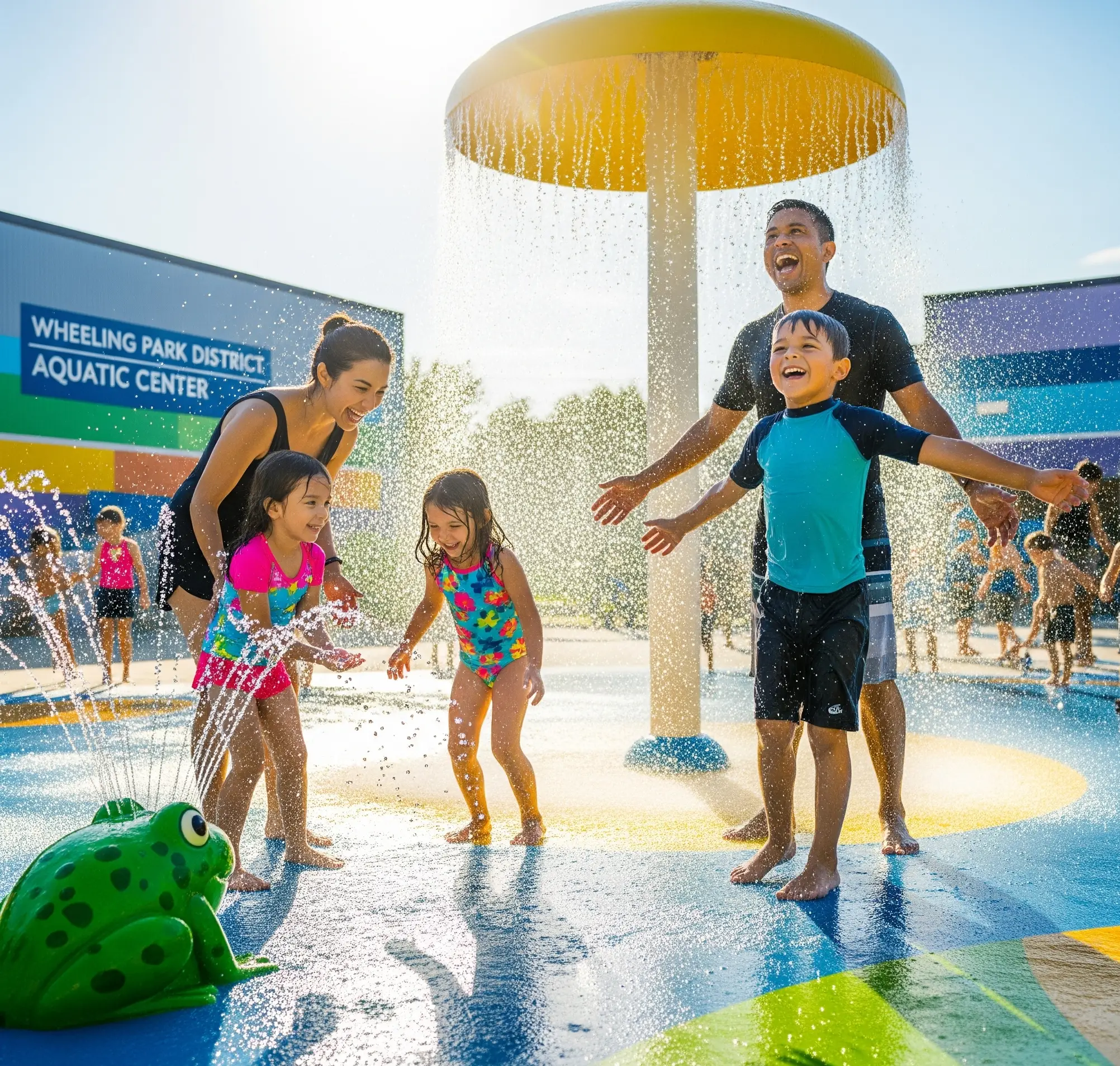 Family Enjoying The Splash Pad At The Wheeling Park District Aquatic Center.