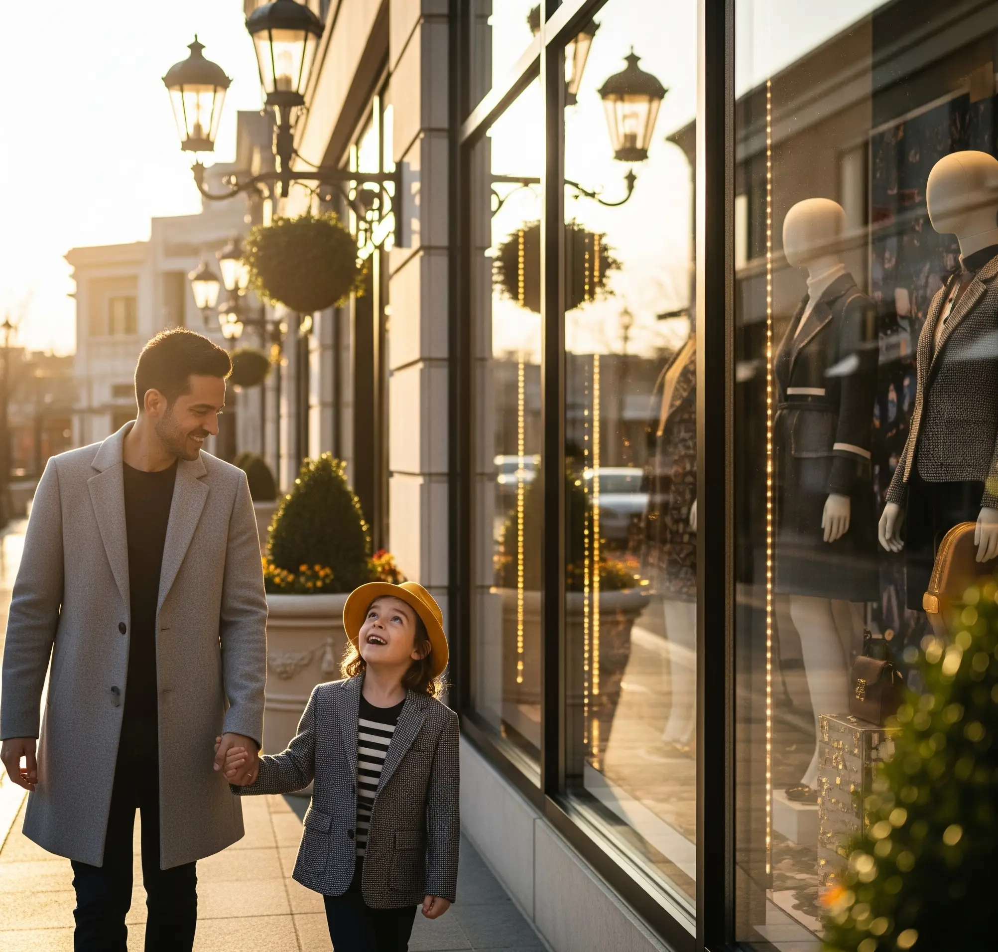 A Parent And Child Enjoying Their Time At An Outdoor Shopping Center