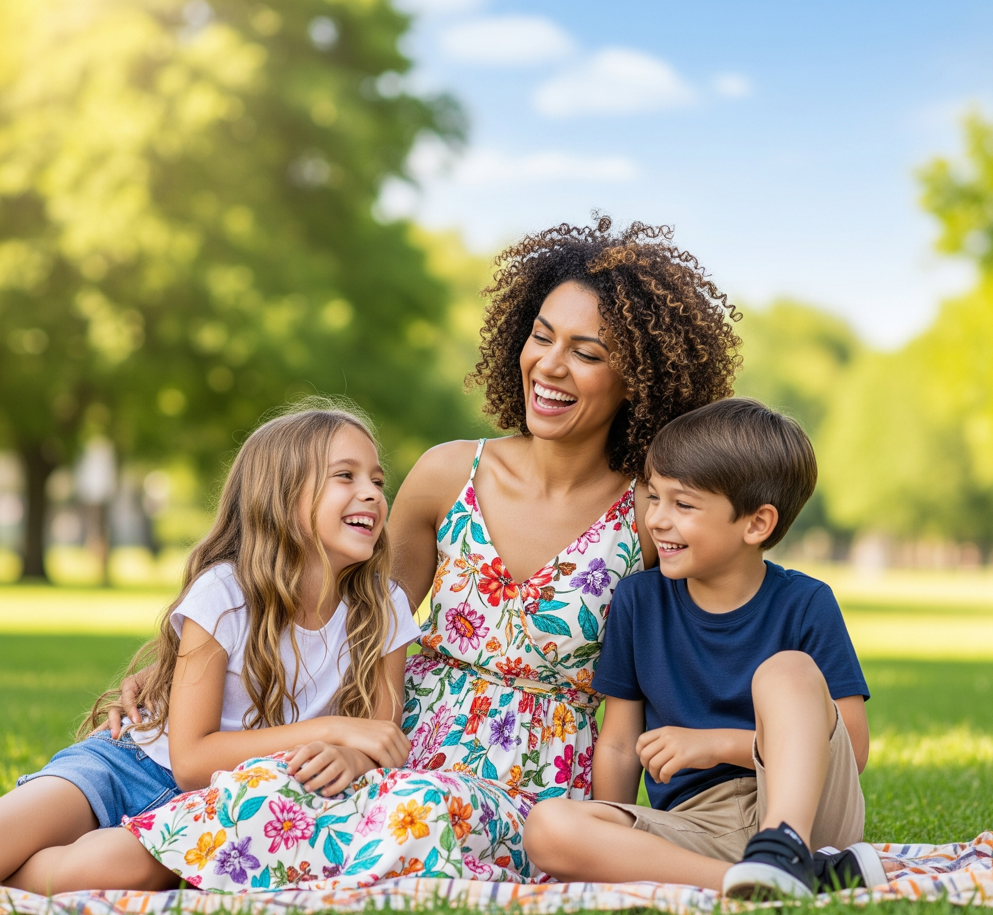 Happy Mom Relaxing With Kids In The Park'